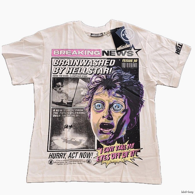 Hellstar Newspaper Print Street Style Off-white T-Shirt