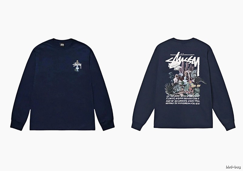 Stussy printed trendy style navy long-sleeve