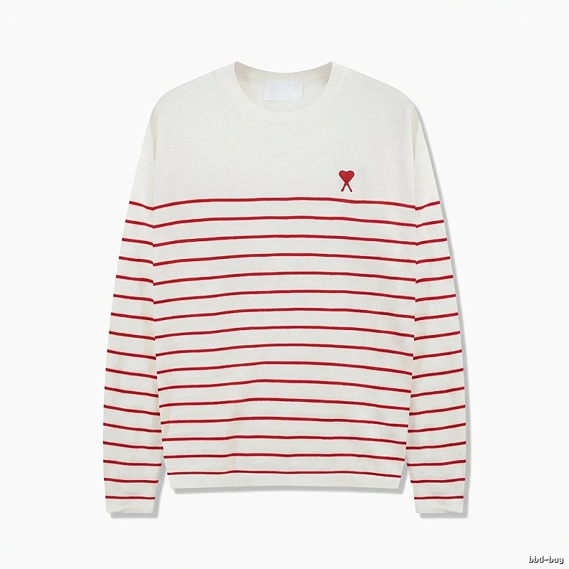 AMI Stripe Heart White Sweater