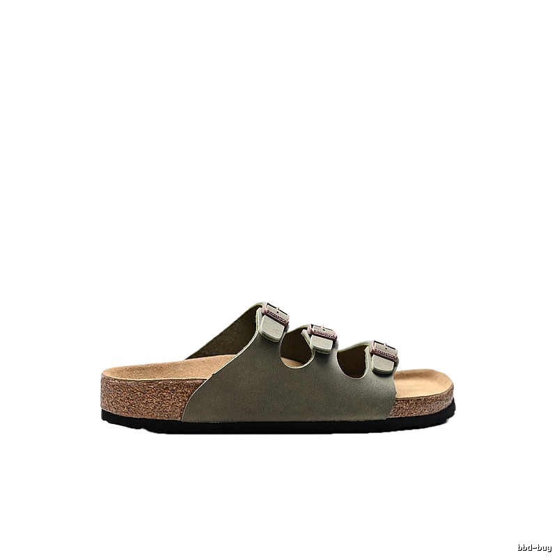 Birkenstock Three-Buckle Casual Army Green Cork Slide Sandals