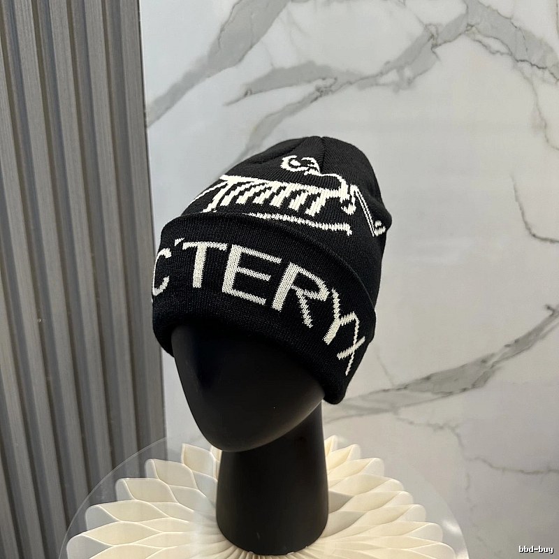 Black White Ribbed Knit Beanie with Arc'teryx Lettering