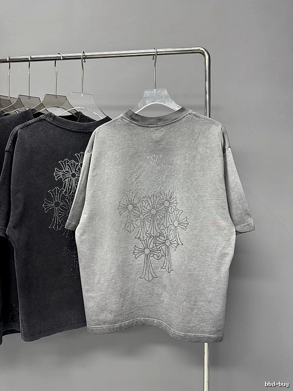 Chrome Hearts Cross Hot-stamped Rhinestone Street-style Grey Short-sleeve T-shirt