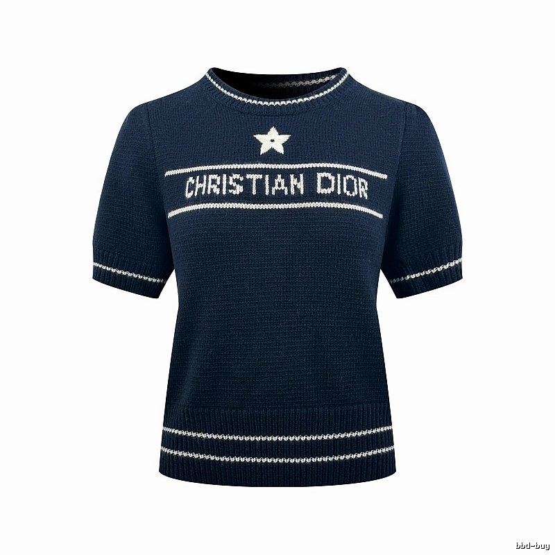Dior Short Sleeve Knit Sweater with Cream Trim and Star Detail