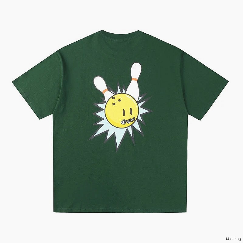 DREW Bowling Smiley Face Street Style Dark Green Short Sleeve T-shirt