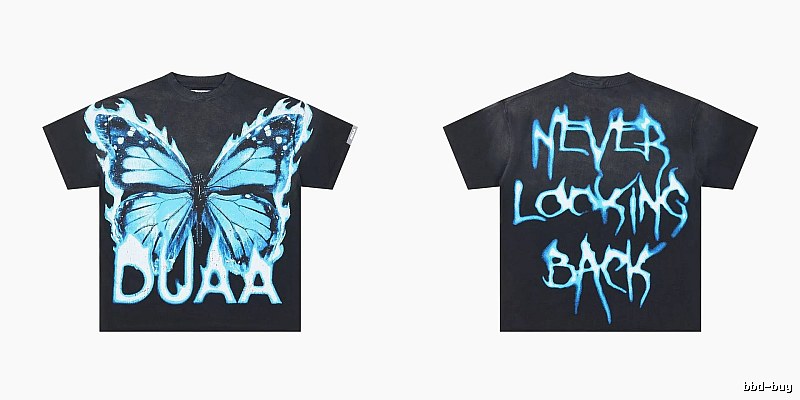 DUAA Butterfly Print Street Style Black and Blue Short-sleeved T-shirt