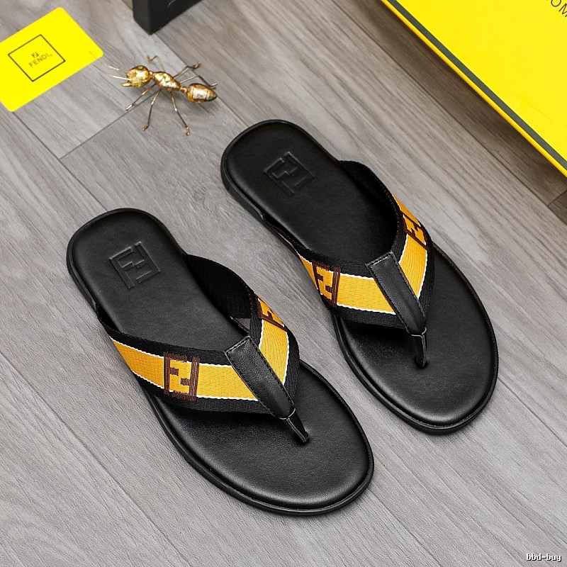 Fendi FF Monogram Light Luxury Style Black and Yellow Flip-Flops