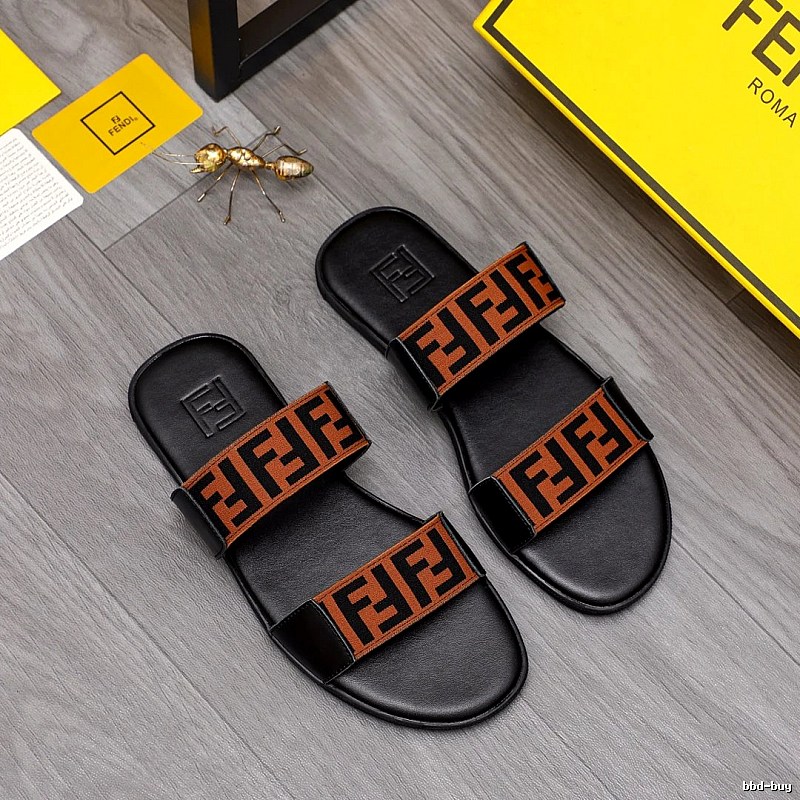 Fendi FF Monogram Streetwear Style Black and Brown Color-block Slide Sandals