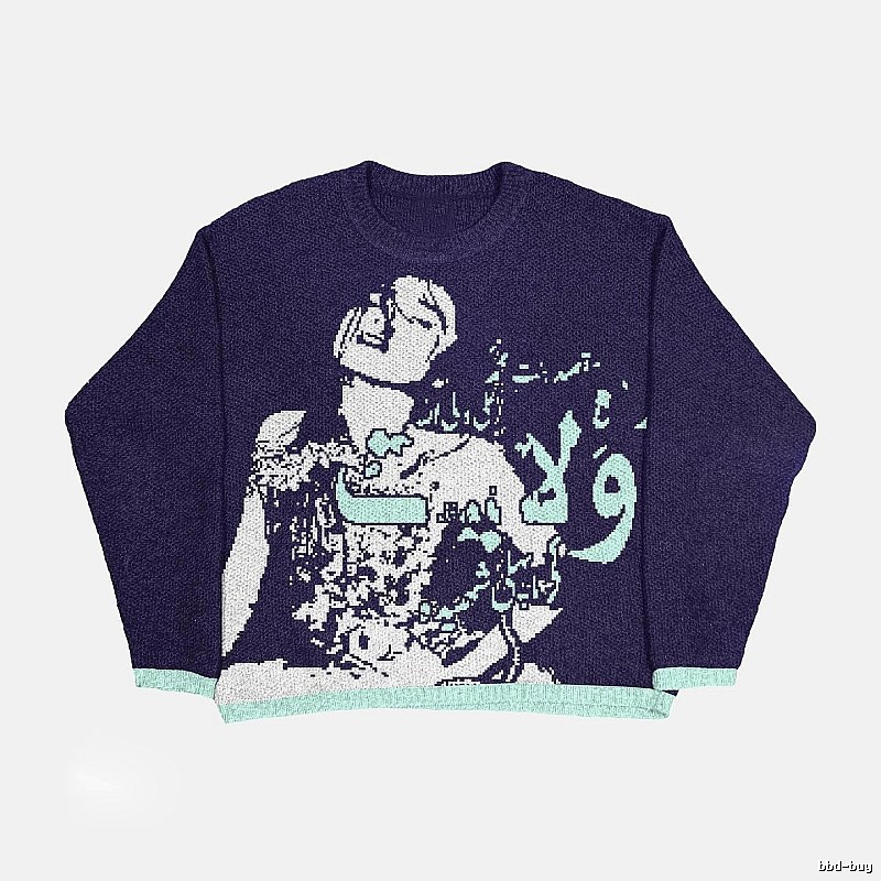 Gift Ready Anime graphic sweater Black Knit Top with Standout Detail