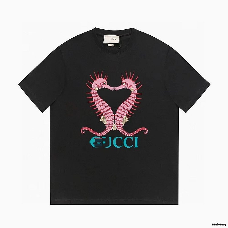 Gucci Double Seahorse Print Trendy Style Black T-Shirt
