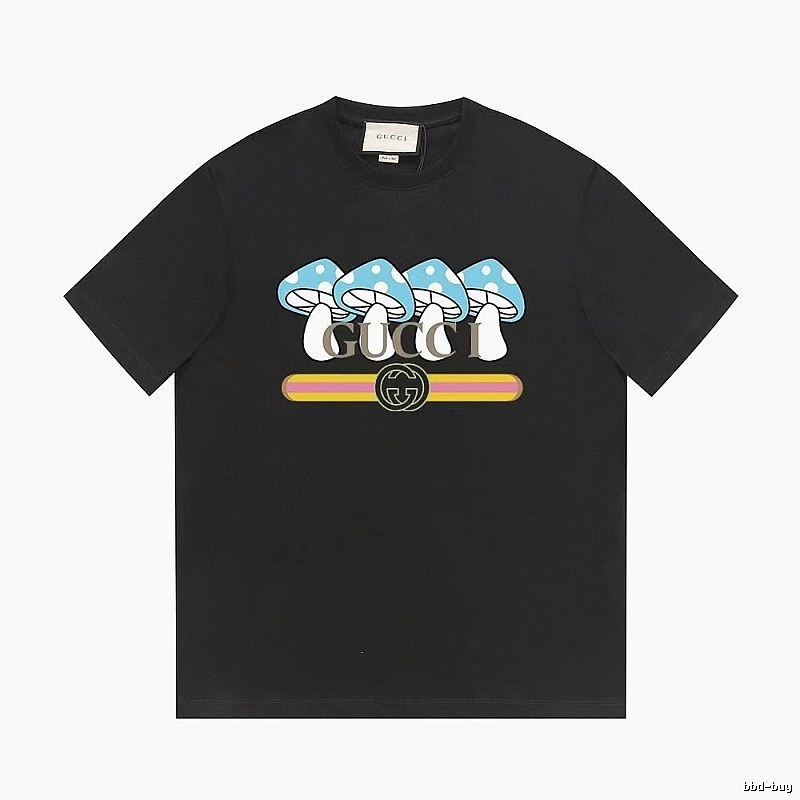 Gucci Mushroom Print Cool and Trendy Style Black Short-sleeve T-shirt