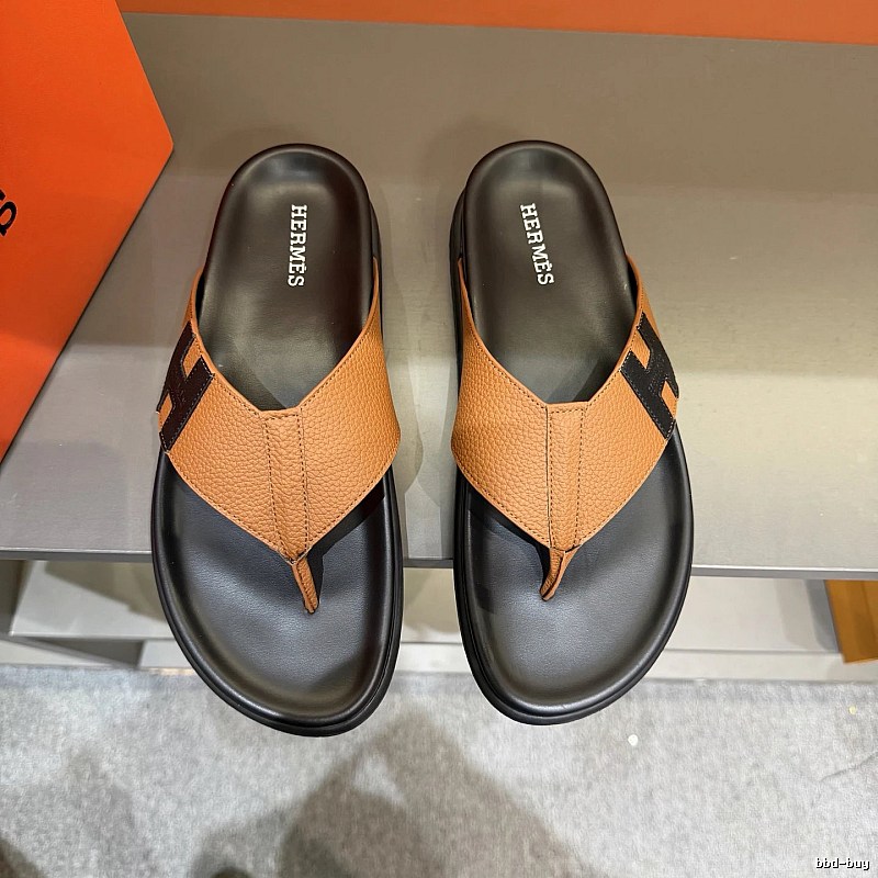 Hermès Light Luxury Style Brown and Black Color-block Flip-flops