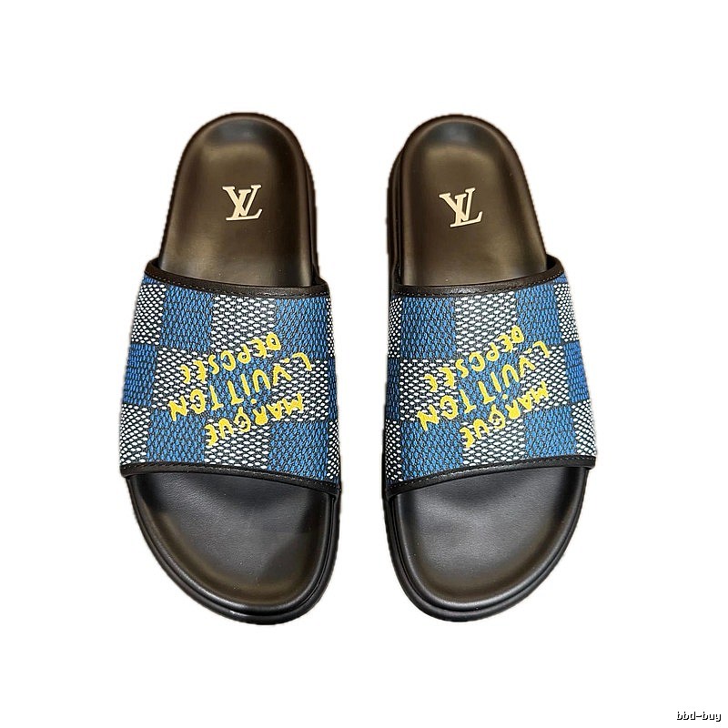 Louis Vuitton Checkerboard Graffiti Style Blue and Black Slides