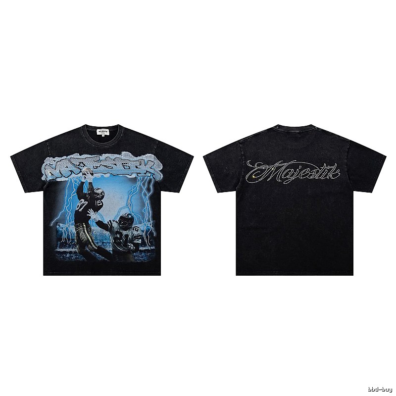 MAJESTIK American Retro Distressed Black Rugby T-shirt