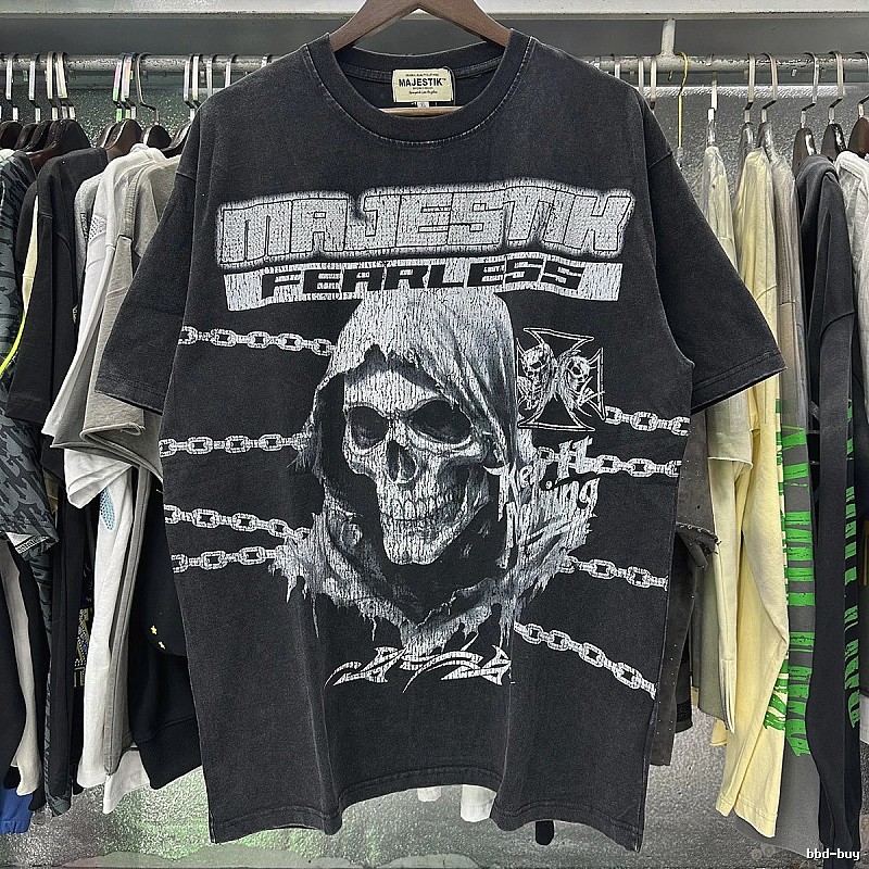 MAJESTIK Skull Print Dark Style Washed Black T-shirt