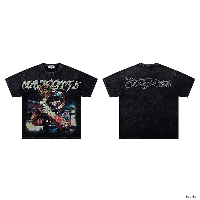 MAJESTIK Skull Racing American Vintage Black T-Shirt