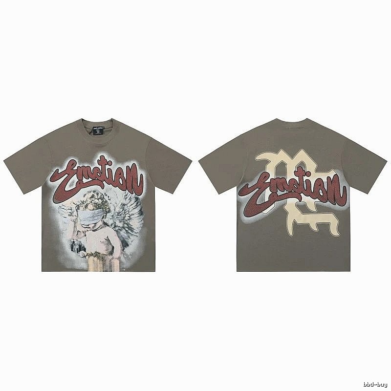 Mixed Emotion Angel Print Street Style Khaki T-shirt