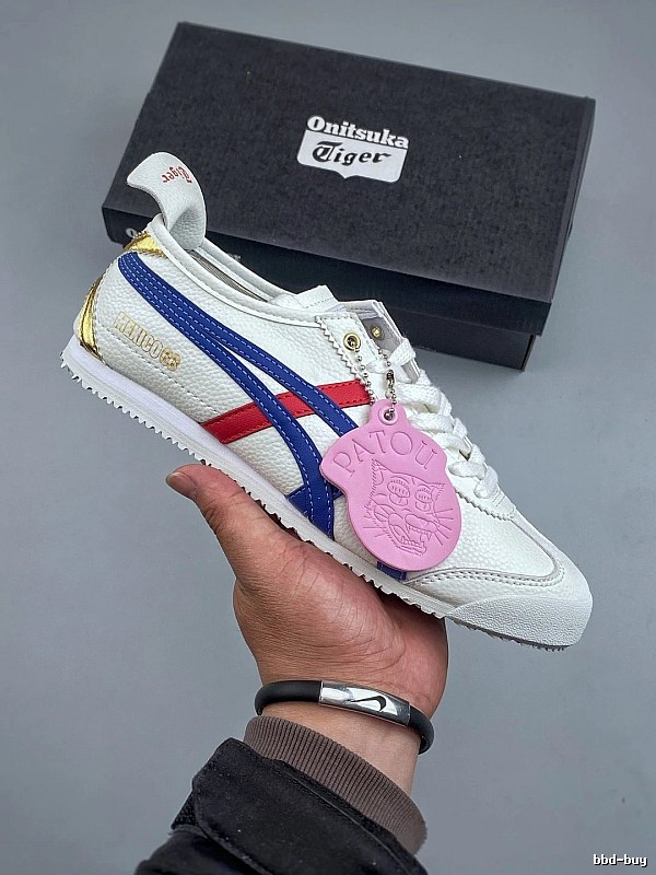 Onitsuka Tiger White, Blue and Red Low-Top Sneakers Defined by Contrast Side Panels