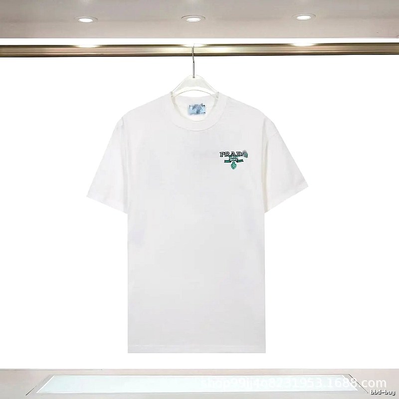Prada Embroidered Minimalist Style White Short-sleeve T-shirt