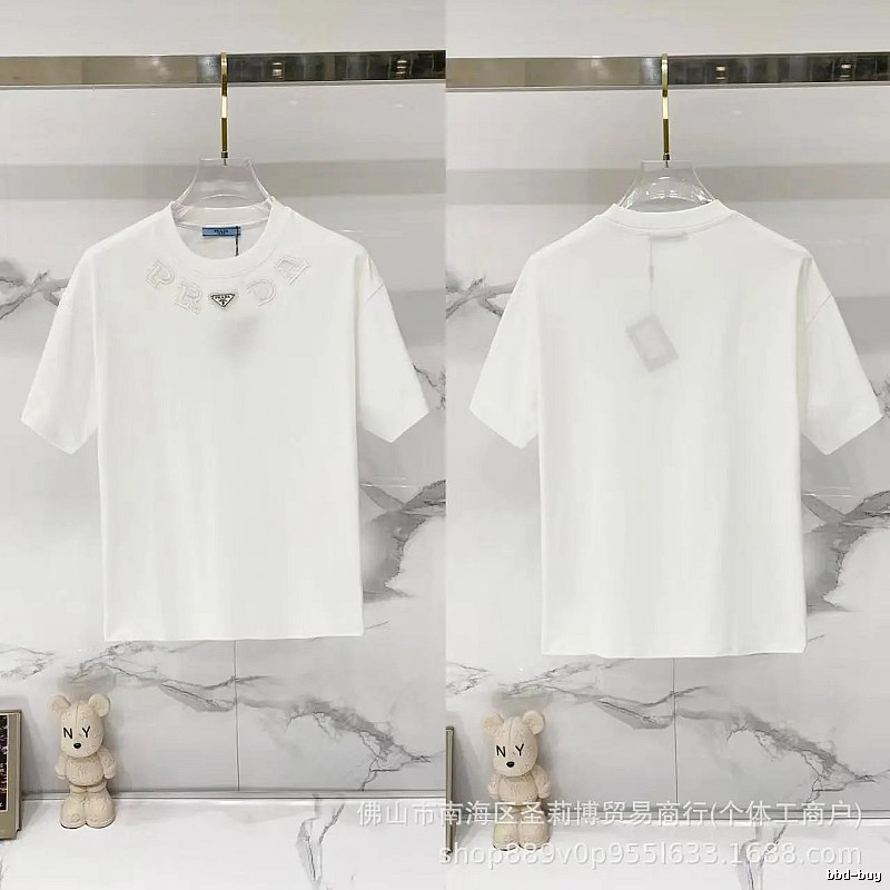 Prada Embroidered Minimalist Style White Short-sleeved T-shirt