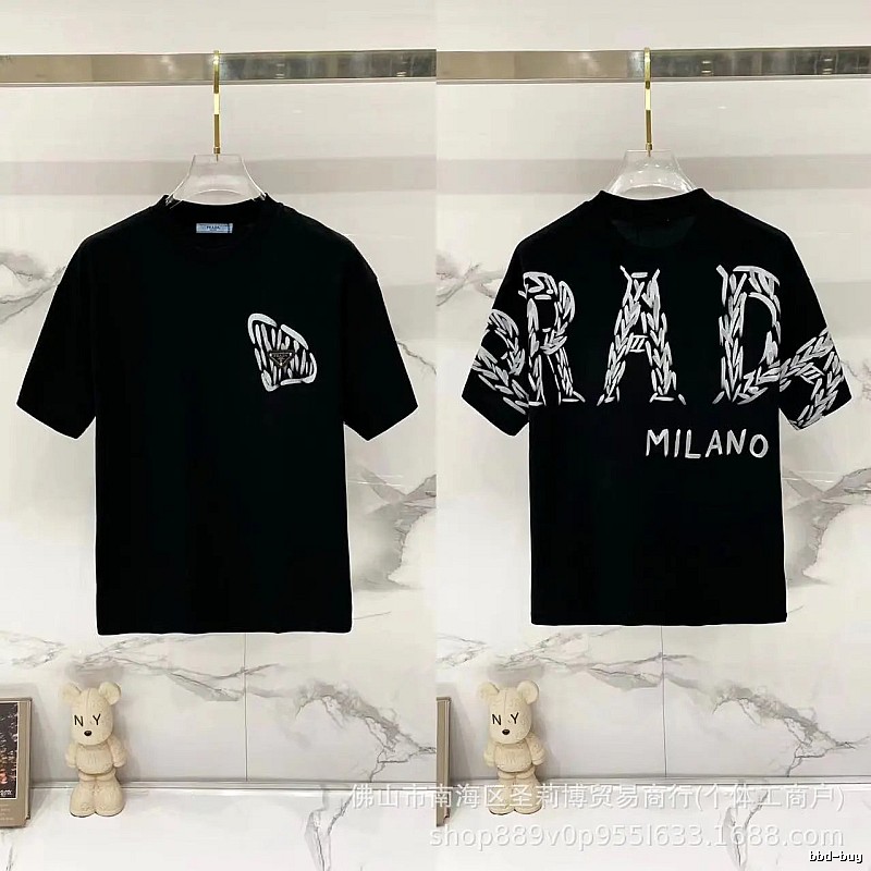 Prada Embroidered Streetwear Style Black Short-sleeve T-shirt