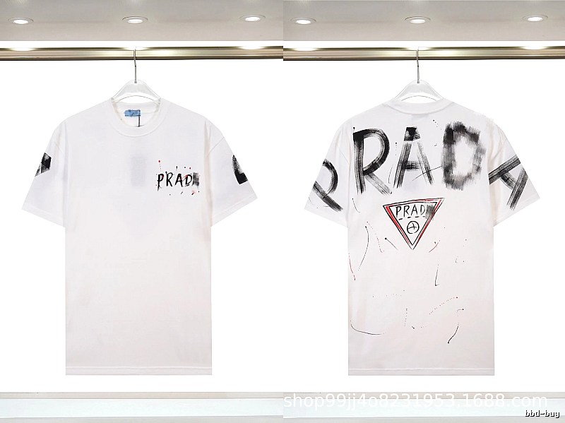 Prada Triangle Logo Graffiti Street Style White Short-sleeve T-shirt