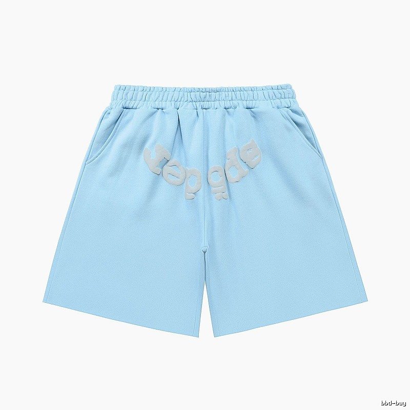 Sp5der letter-style light blue shorts