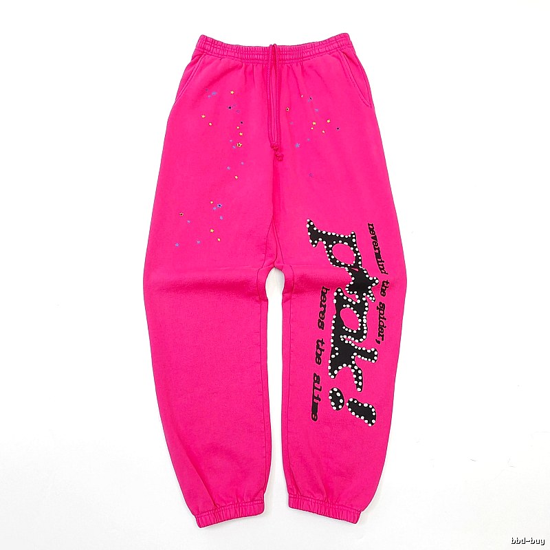 Sp5der Logo Sweatpants in Hot Pink - black vertical branding and cuffed ankles