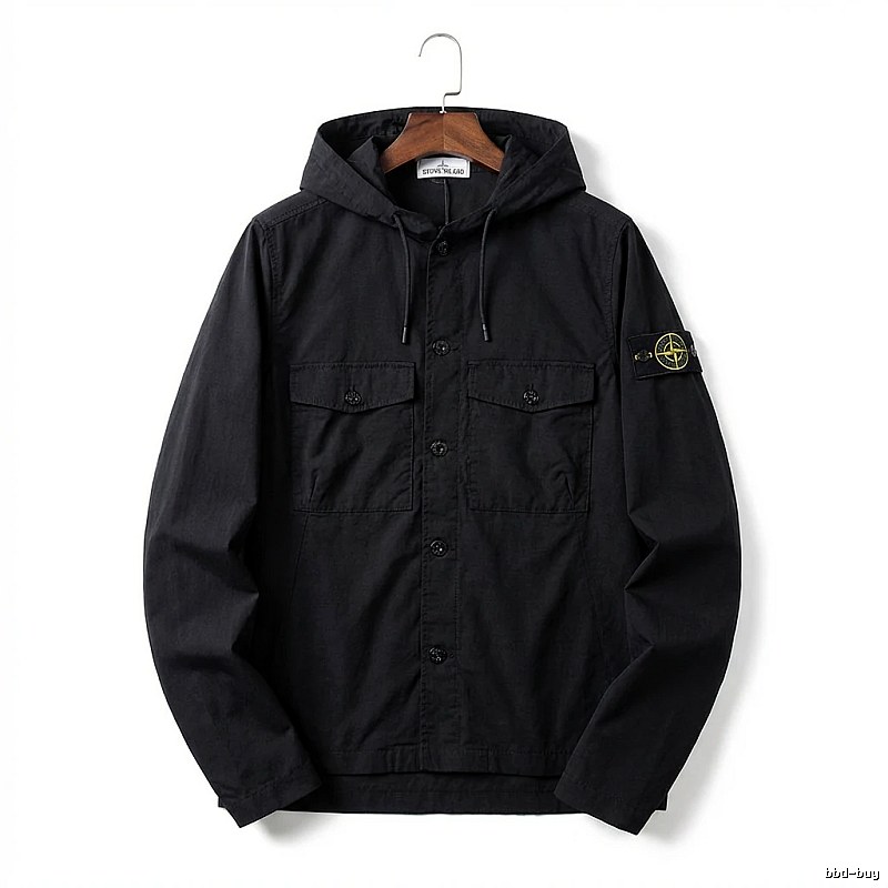 Stone Island Workwear Style Black Hooded Coat