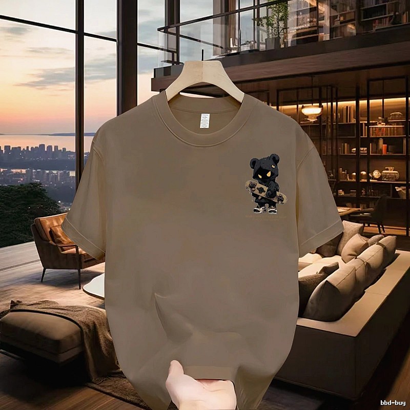 Streetwear Brand Street Style Khaki Short-sleeve T-shirt with Skateboarding Bear Graphic