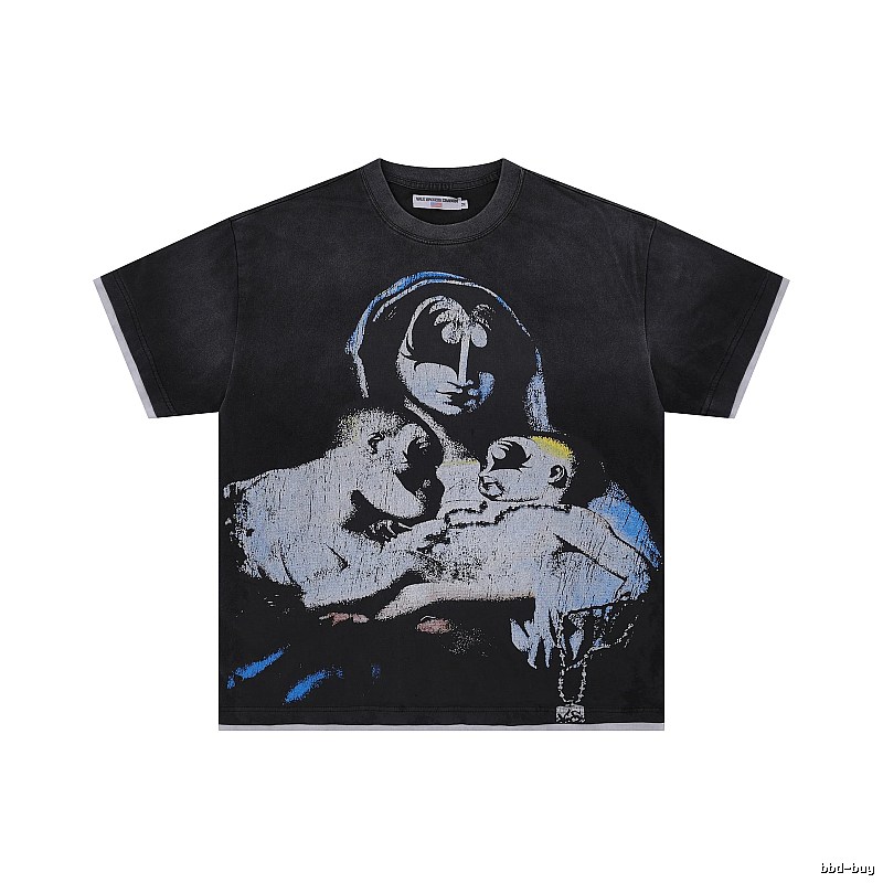 Valley Virgin Mary Print Vintage Distressed Black T-Shirt