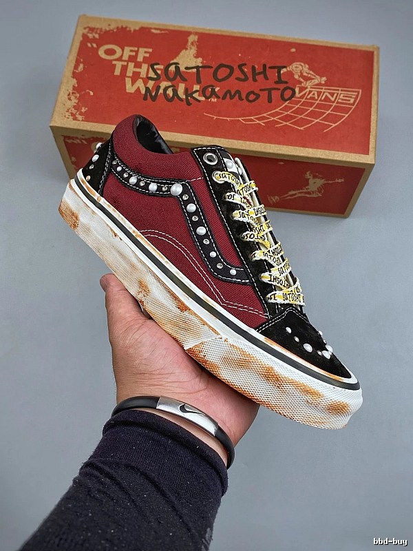 Vans Studded Skate Sneakers in Burgundy and Black with Contrast Stitching